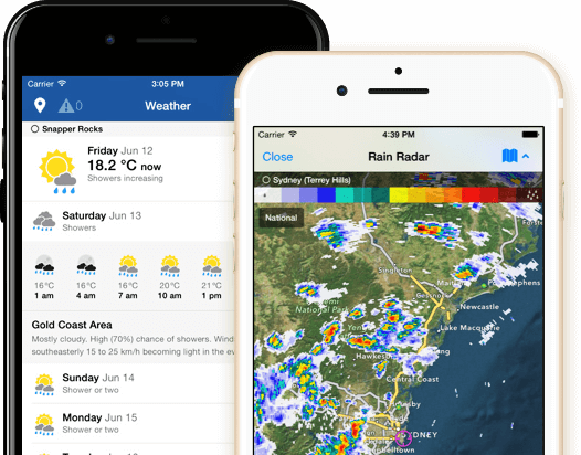 Image of a phone loaded with WillyWeather app screenshots
